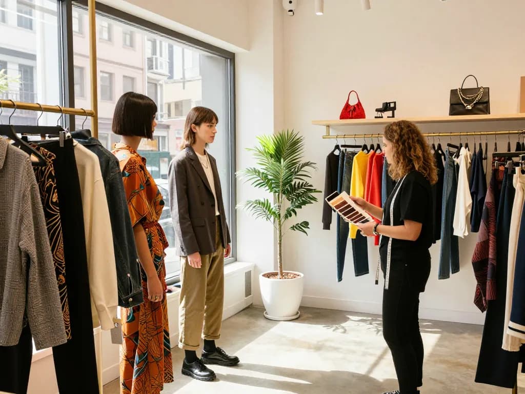 Shopping for 레플리카 fashion in a trendy boutique with stylish outfits and accessories.