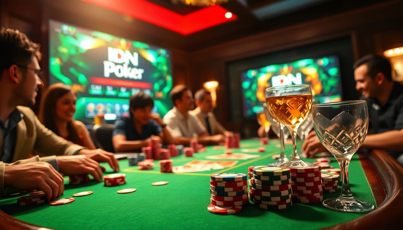 Pemain yang terlibat dalam IDN poker dengan chip berwarna-warni dan suasana permainan dengan taruhan tinggi.