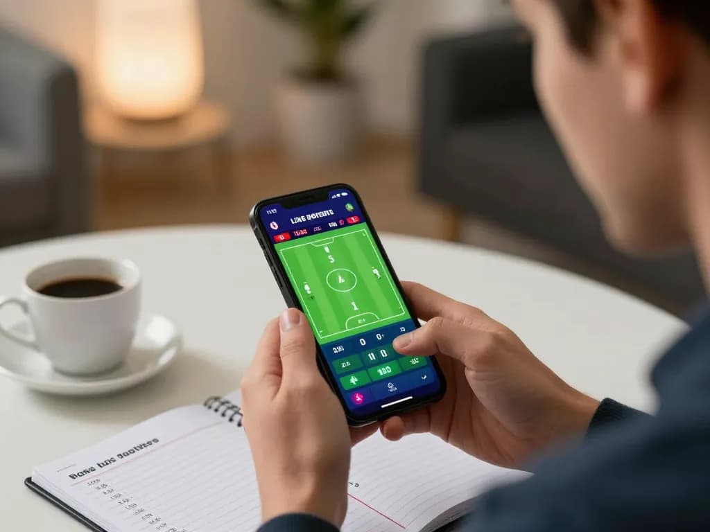 bóng đá lu live betting setup with a smartphone showing scores and strategies in a cozy atmosphere
