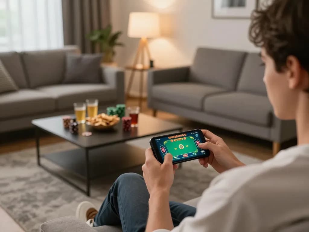 Player engaging with kkwin casino app on smartphone in a cozy living room setup.