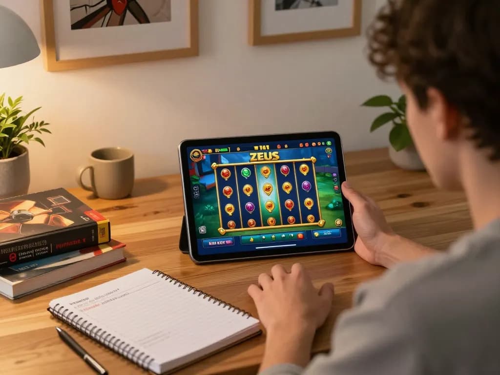 Bergabung dalam permainan slot zeus dari rumah, menampilkan kegembiraan permainan online dan perencanaan strategis.