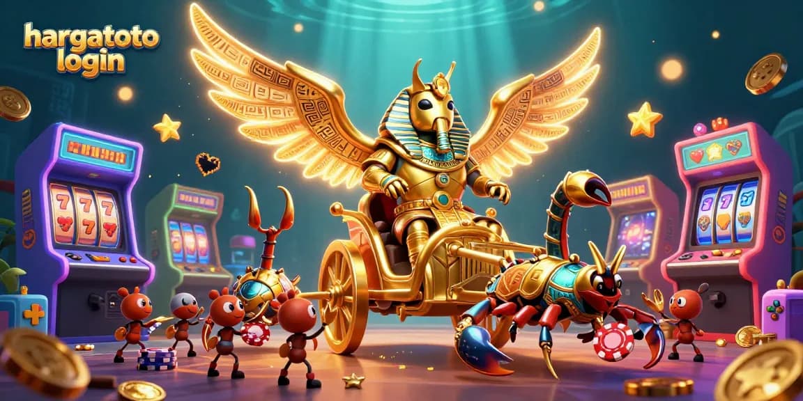 Experience hargatoto login with exciting gaming visuals, golden scarab and casino elements.