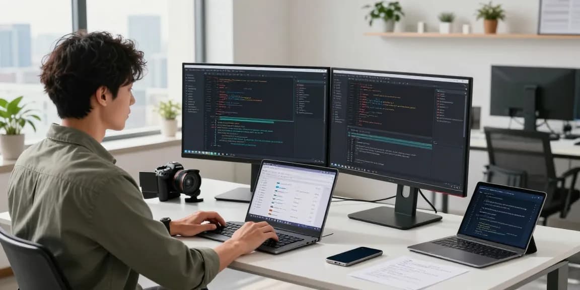 Workspace scene showcasing a developer coding on screens at 纸飞机中文版官网.