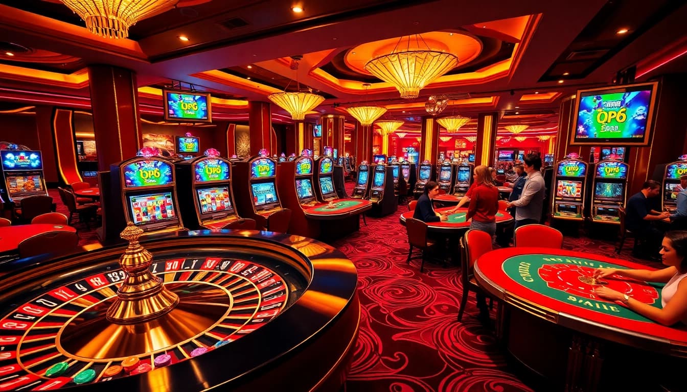 Players enjoying a thrilling game experience at QQ88 casino with vibrant tables and colorful slot machines.