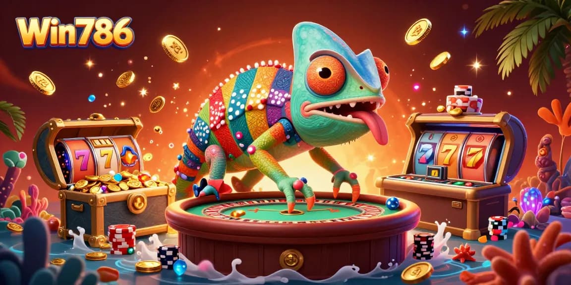 Experience Win786’s vibrant gaming atmosphere with a colorful 3D chameleon and dynamic casino elements.