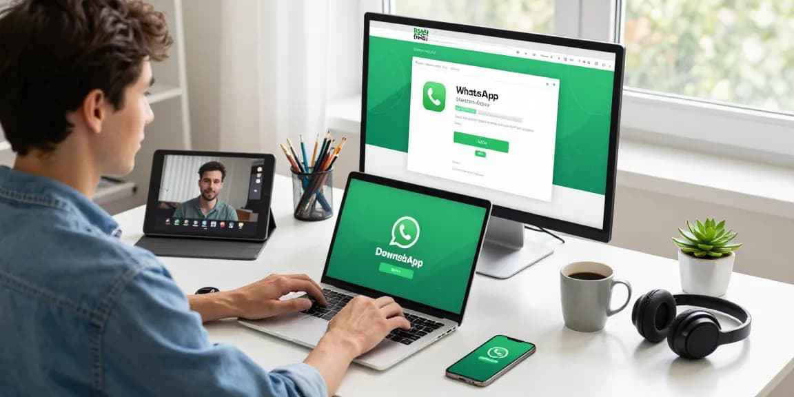 Young adult downloading WhatsApp on laptop in a modern home office setting. WhatsApp下載 in focus with tech gadgets around.