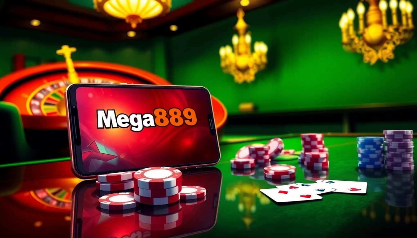 Mega888 mobile app showcasing casino excitement with poker chips and roulette wheel