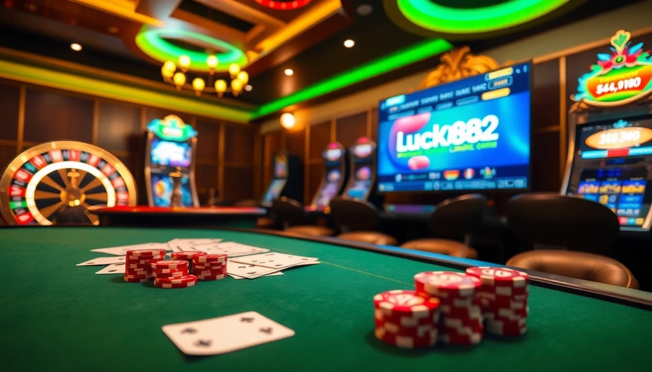 Experience the excitement of online gaming at https://luck882.co.com/ with a vibrant casino scene featuring poker, roulette, and slot machines.