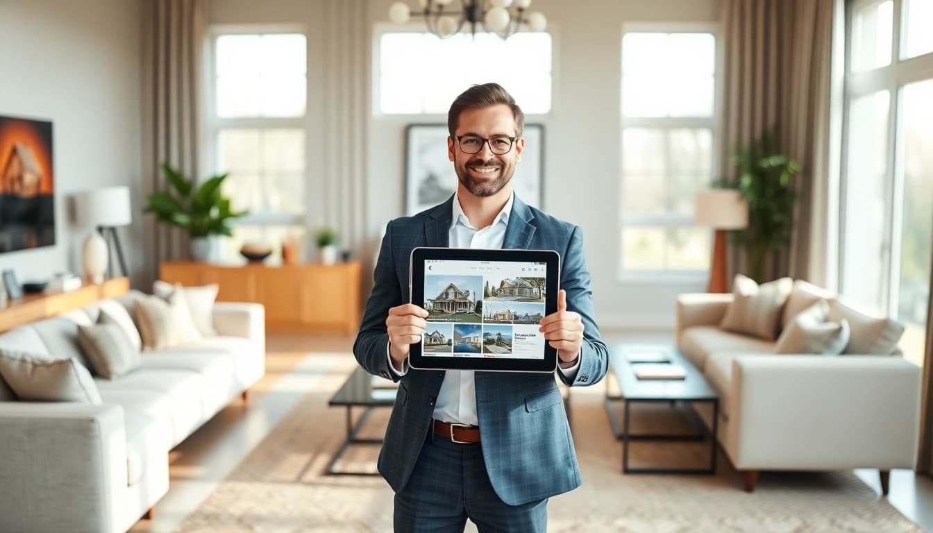Real Estate agent showcasing properties in a beautifully staged living room setting.