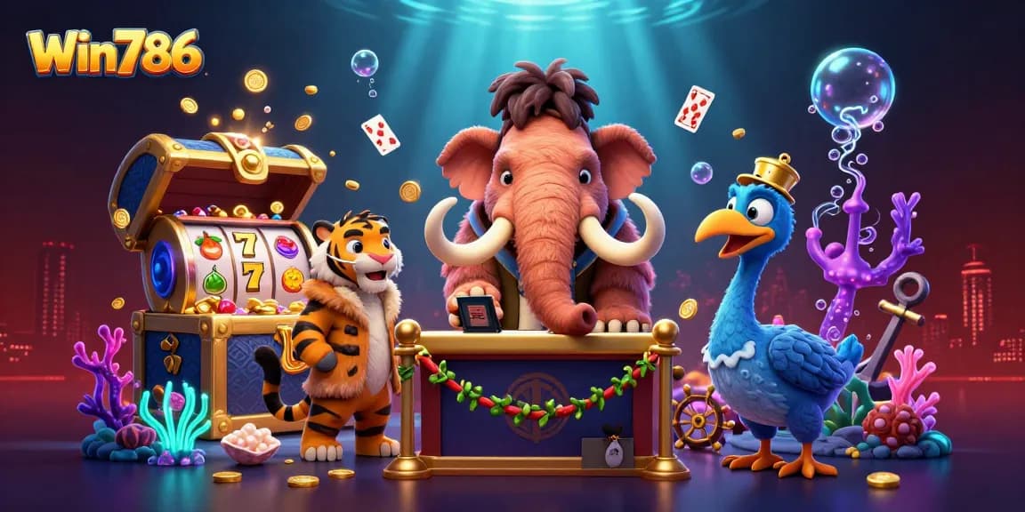 Win786 bouncer checks IDs at a vibrant casino entrance with dynamic game elements surrounding the scene.