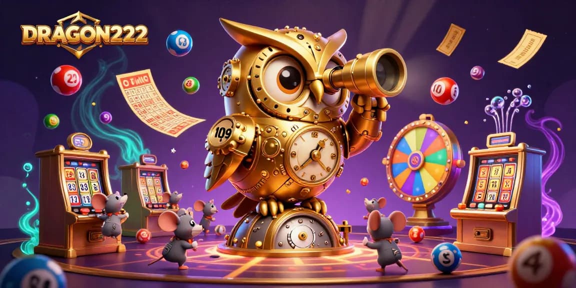 Engage with DRAGON222 as the golden owl surveys a vibrant casino, surrounded by dynamic gaming elements.