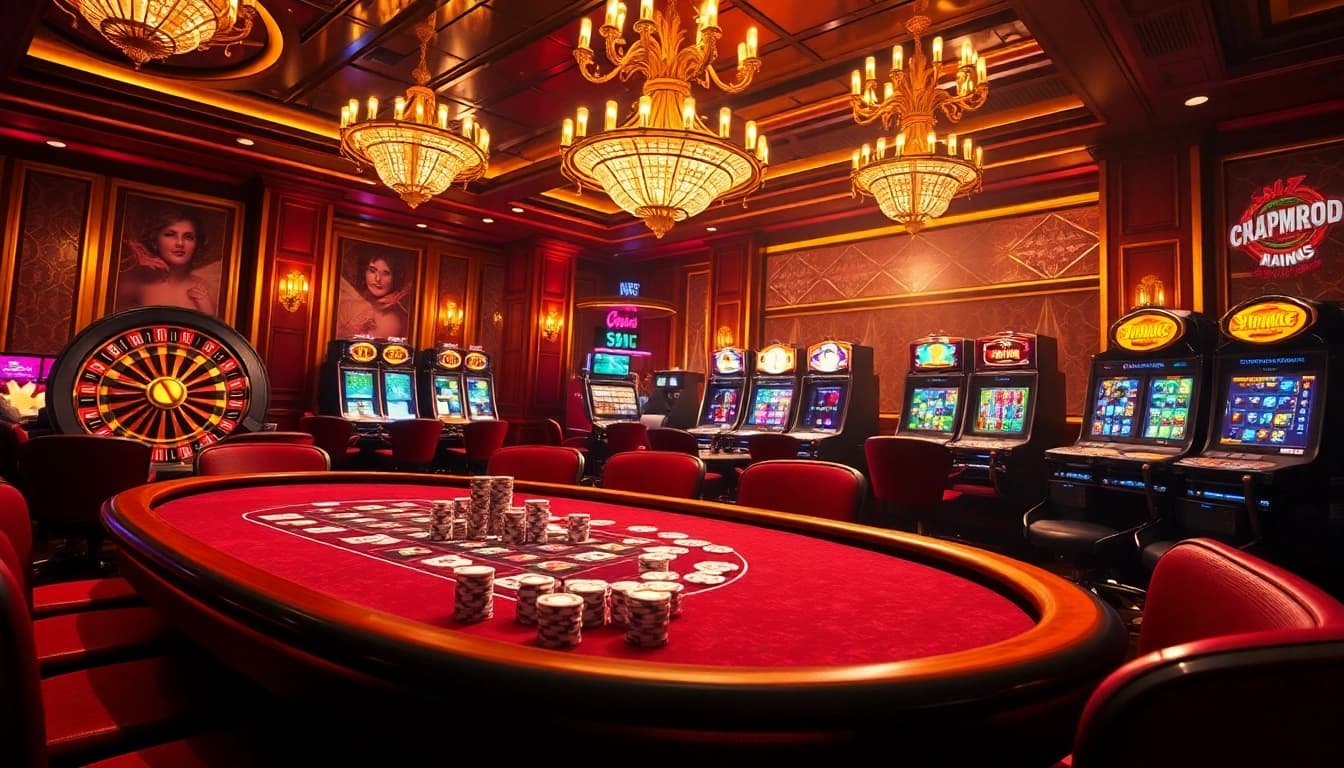 Engaging casino scene with SN888 poker table and vibrant slot machines, capturing excitement.