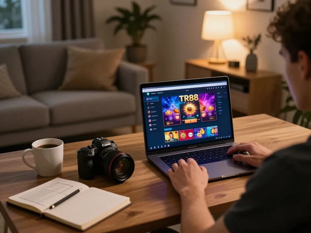 Engaging with TR88 casino app on laptop in a cozy home gaming setup, promoting responsible entertainment.