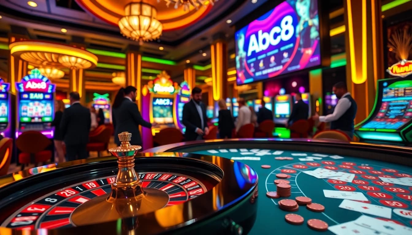 Experience the thrill of gambling at ABC8 with vibrant roulette and slot machines.