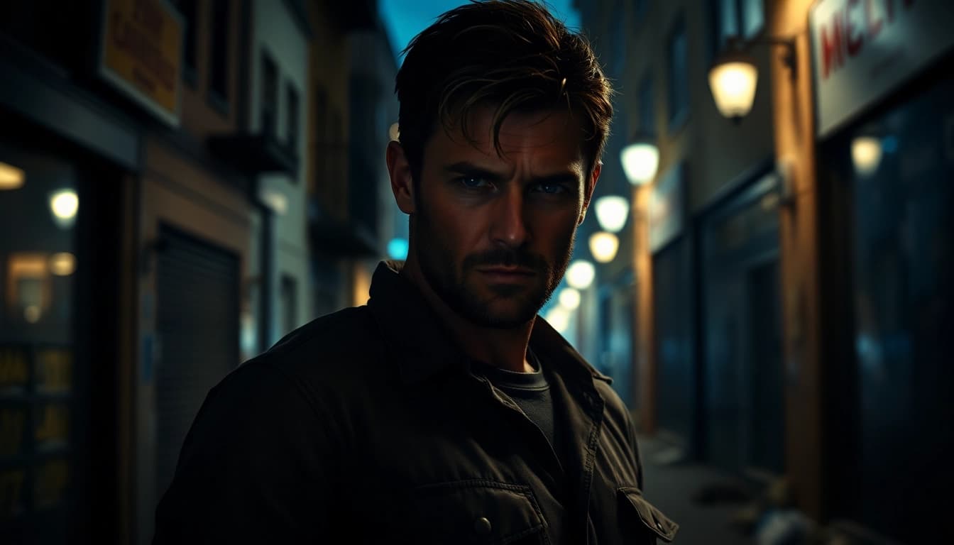 Depicting a rugged hero in a suspenseful urban scene, evoking vibes Like Reacher thrilling adventures.
