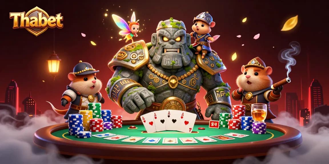 Thabet brings the thrill of poker to life with a magical golem and fairy in a dynamic casino scene.