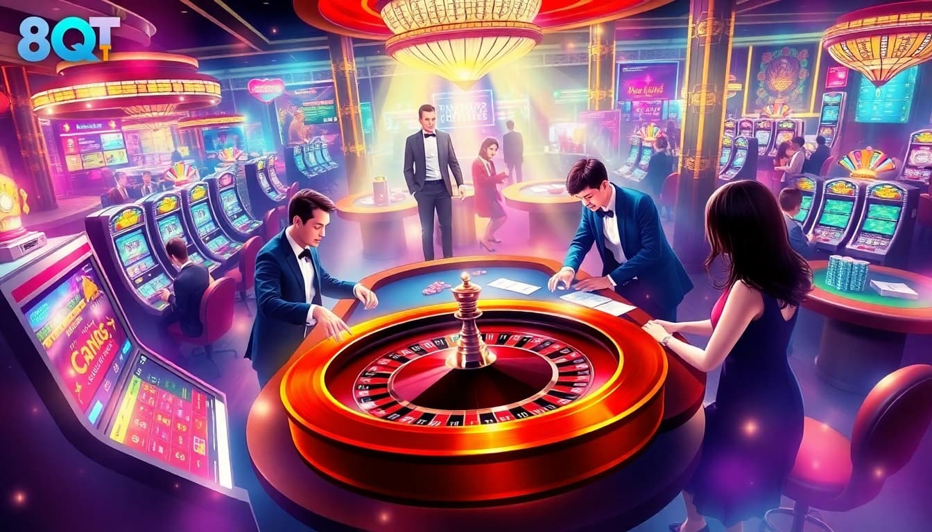 Experience high-stakes excitement with 8qbet's vibrant casino atmosphere featuring roulette and poker.