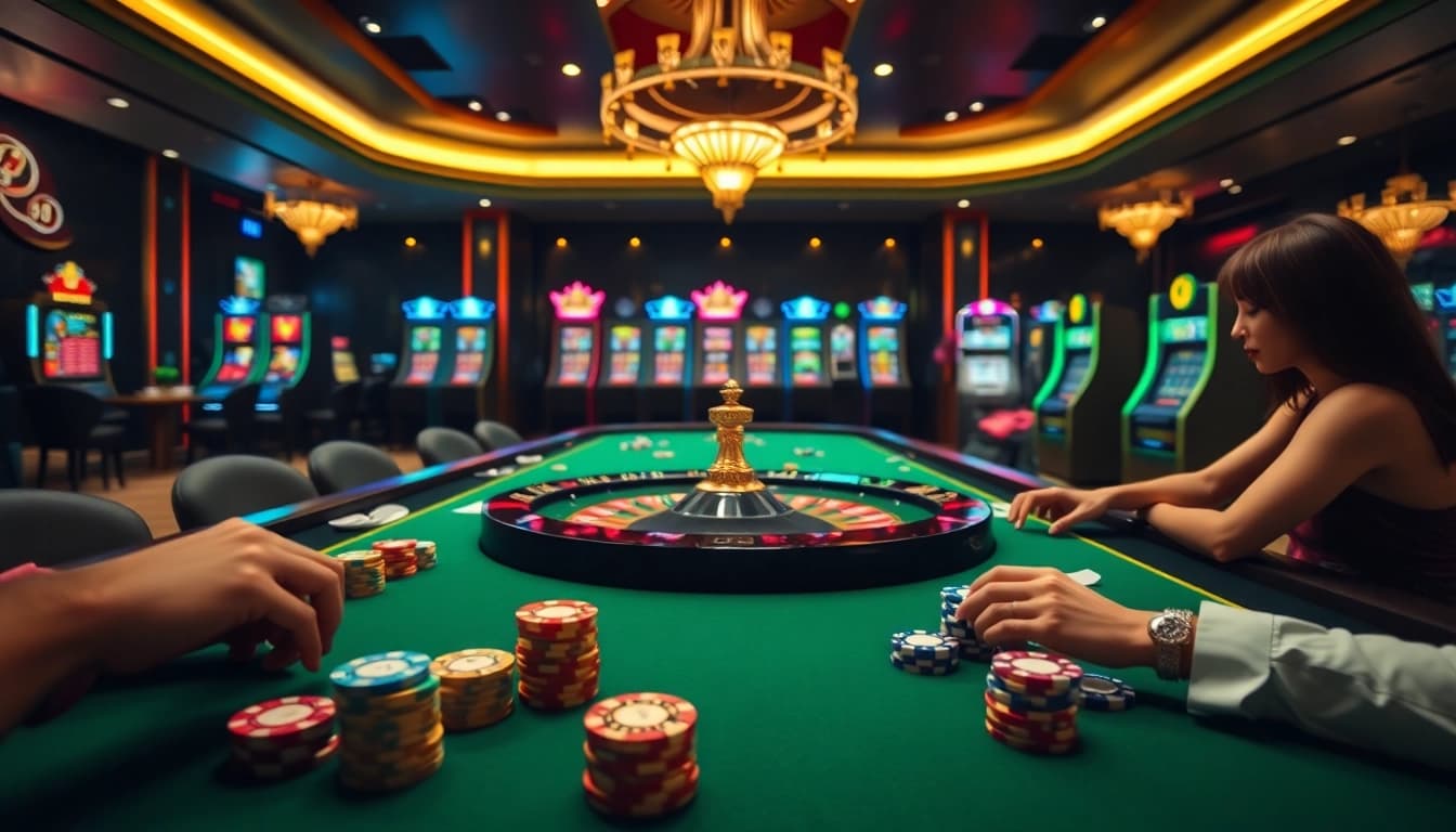 Engage with thrilling gameplay at LC 88 casino featuring vibrant poker chips and roulette wheels.