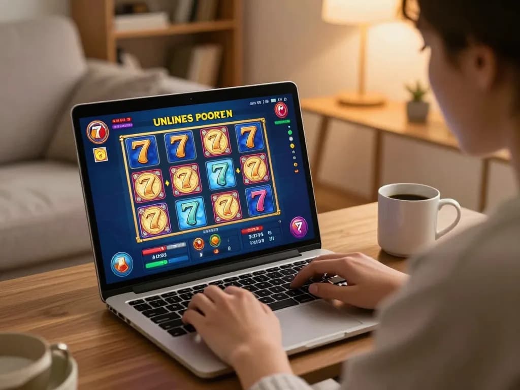 Engaging in slot777 gameplay on a laptop in a cozy living room setting, showcasing online gambling experience