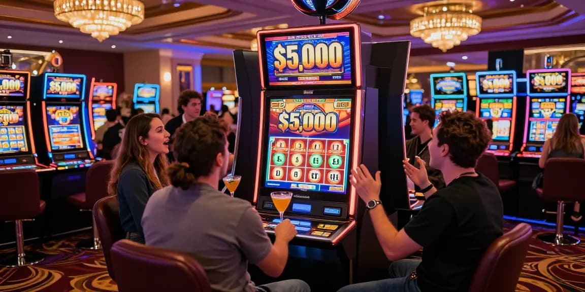 Players celebrating a win at a $5,000 slot machine in a lively casino environment.