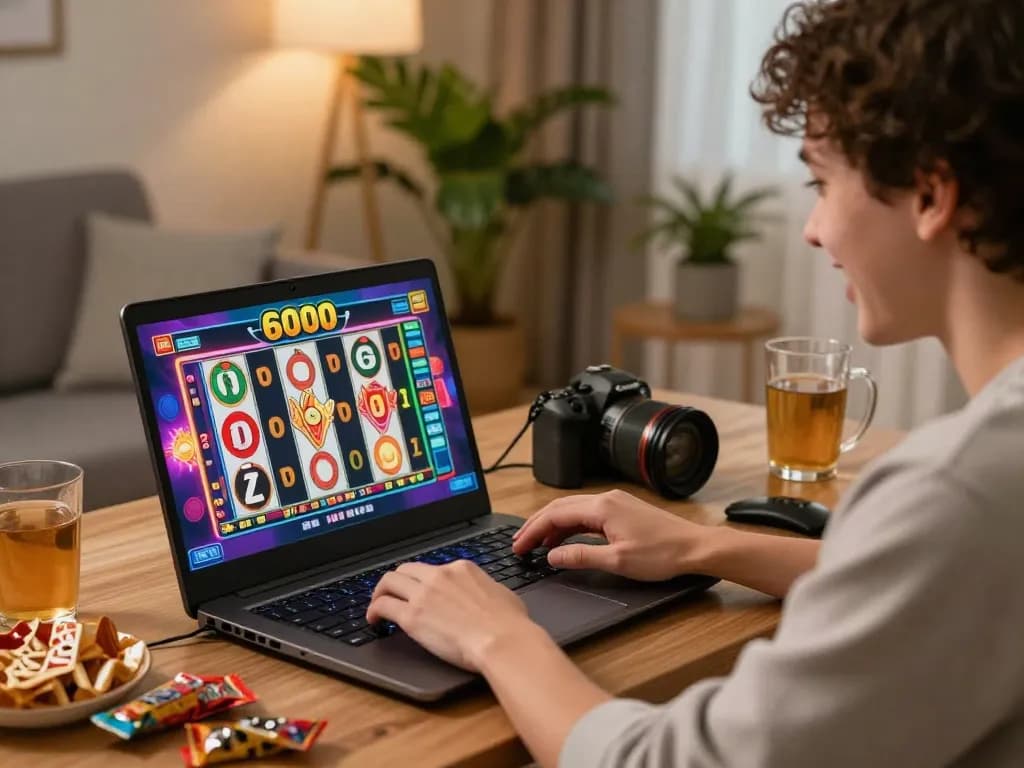 Engaging in the slot6000 game at home, player focused on the vibrant screen with snacks.
