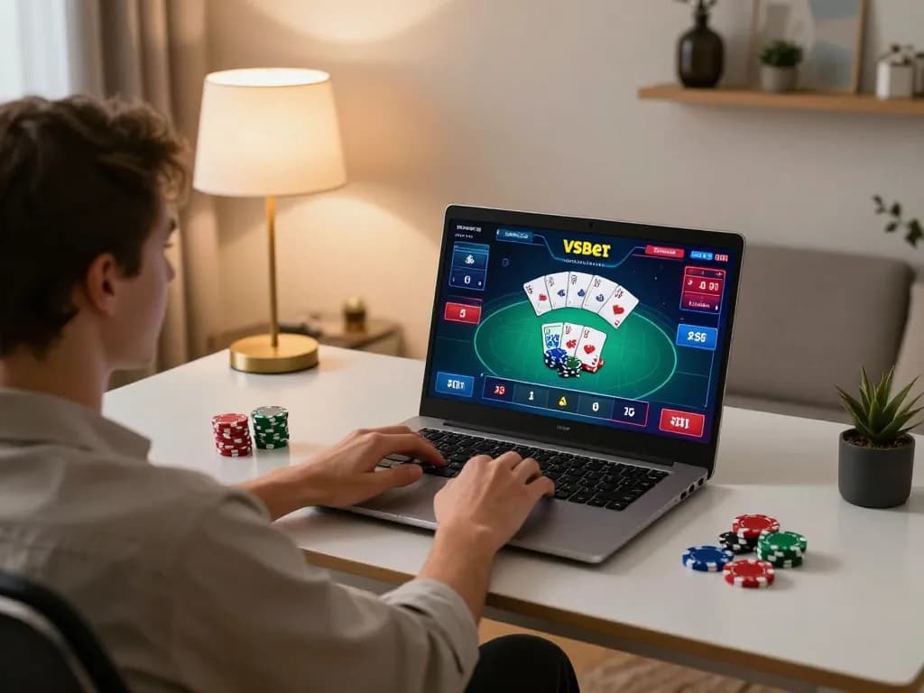 Engaging with Vsbet online casino poker game from a cozy home office