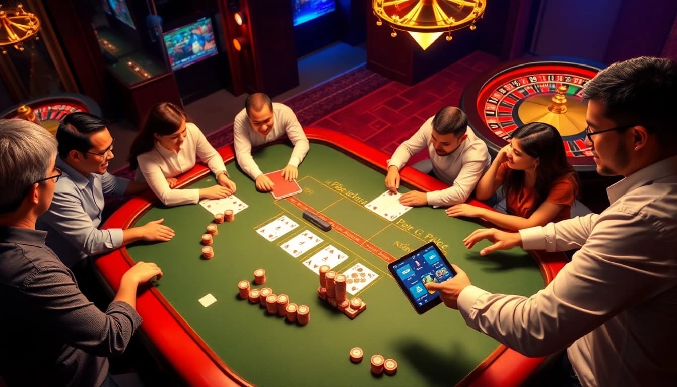 Engaging scene of idn poker players in an elegant online casino setting with chips and mobile devices.
