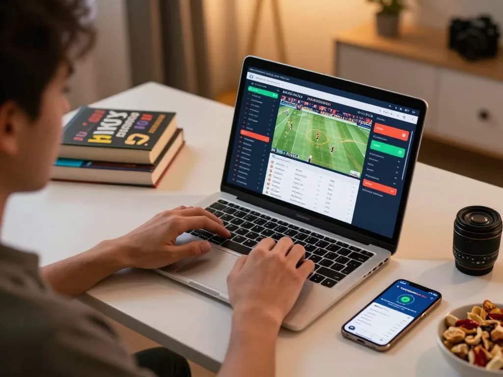 Engaging moment at home as a user places sports bets on hnoslara through a laptop, highlighting a modern workspace with intuitive interfaces.