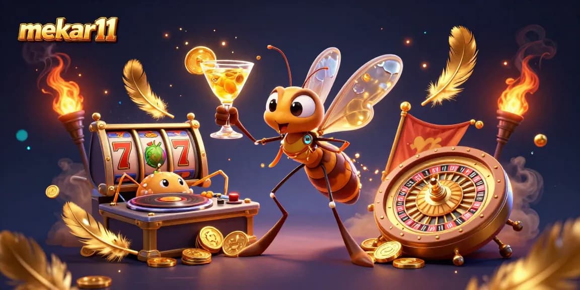 Mekar11 unveils a vibrant casino scene featuring characters, golden tokens, and dynamic slot game elements.