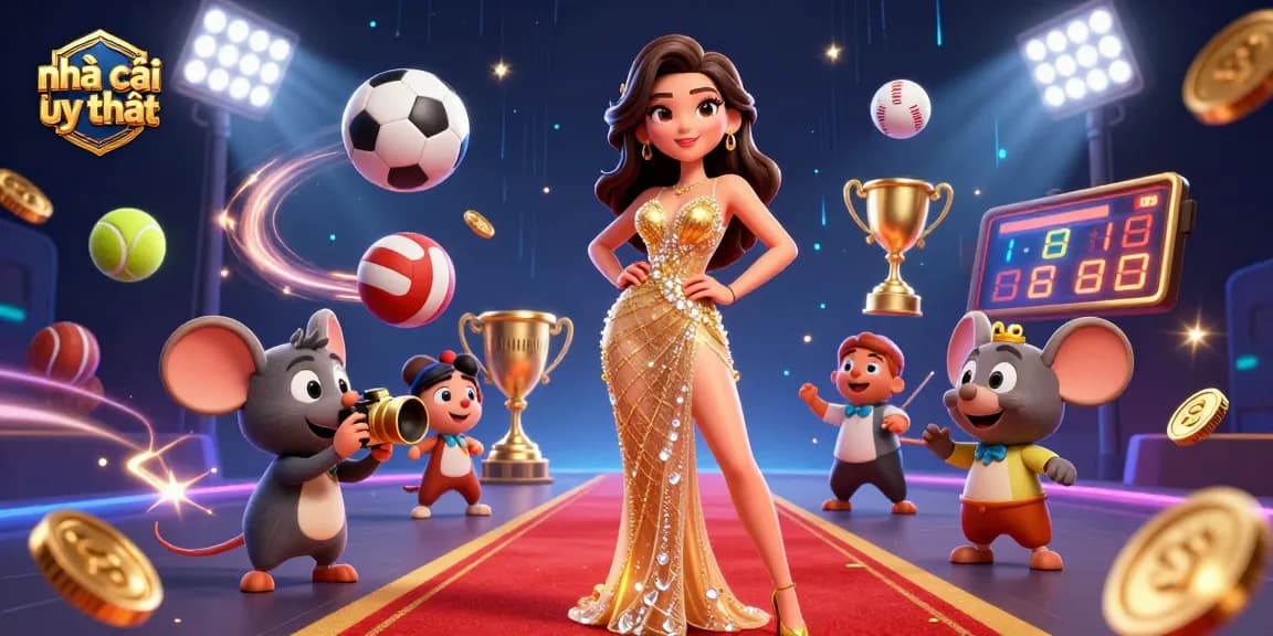 Bet on trusted houses with a captivating scene of a glamorous 3D woman alongside dynamic sports elements, highlighting nhà cái uy tín.
