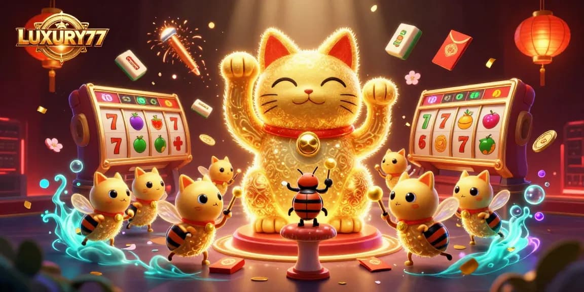 LUXURY777 menampilkan ilustrasi kasino 3D dengan simbol mesin slot dan kucing keberuntungan yang hidup.