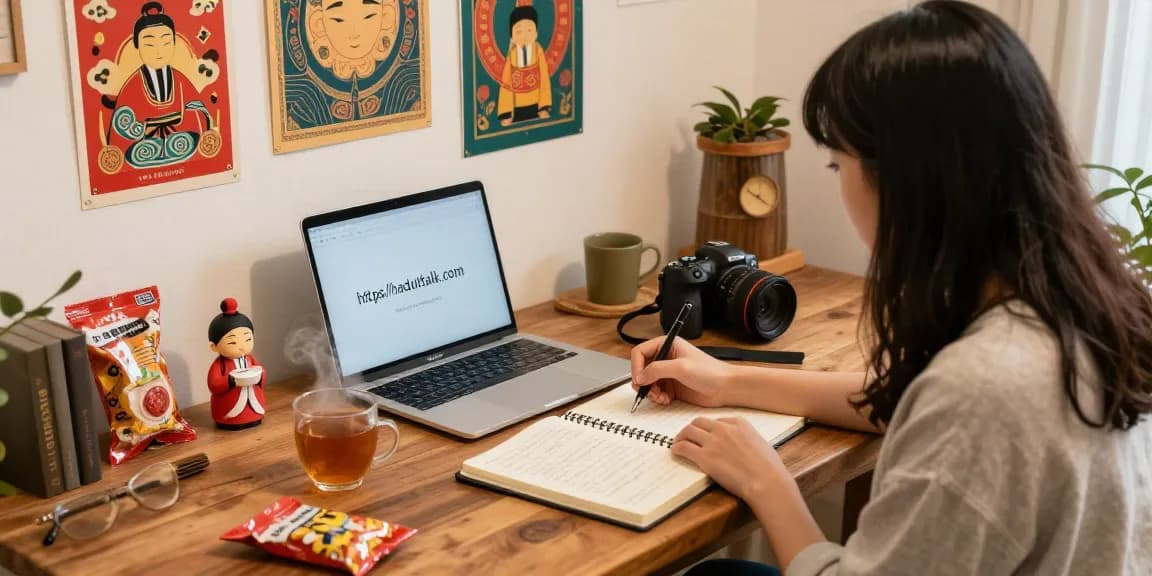 Content creator at home office writing for https://hanadultalk.com about Asian culture and entertainment