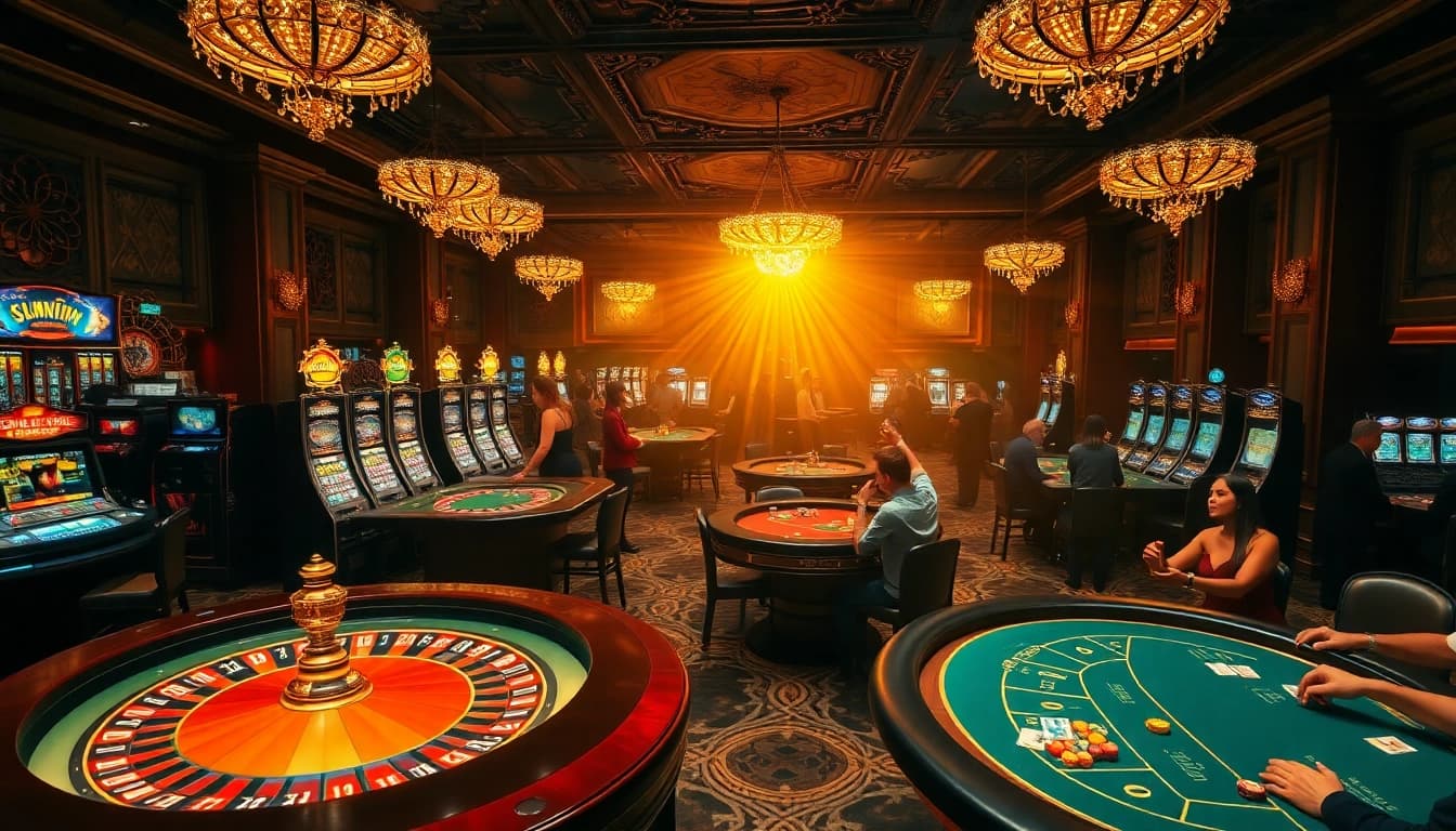Sunwin players enjoying exciting casino games with vibrant tables and colorful chips.