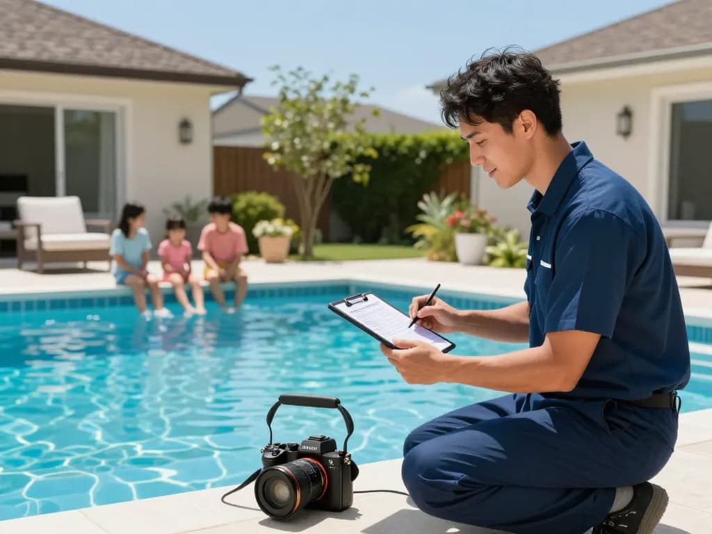 Dolphin Pool Services technician providing maintenance while family enjoys their pool under clear skies.
