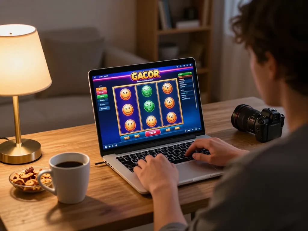 Engaged gamer enjoying a thrilling slot gacor experience on a laptop in a cozy home setting.