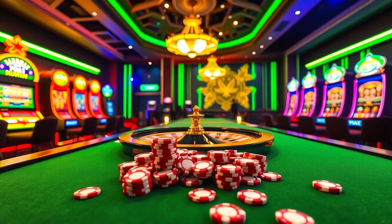 A thrilling action at Nhà cái Kuwin, showcasing exciting casino games with vibrant slot machines and tables.