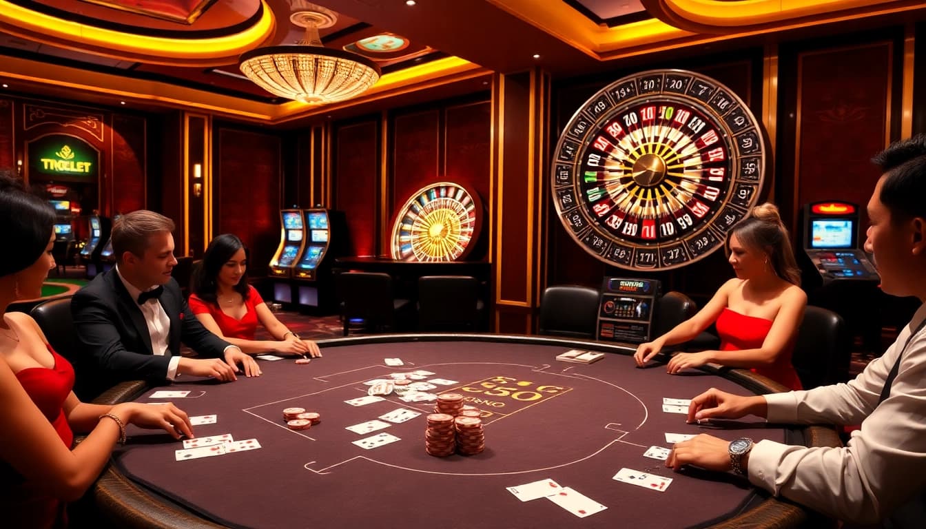 Experience the thrill of play at https://fnew88.com/ with a vibrant casino scene featuring poker and roulette.