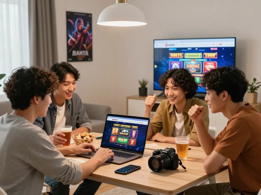 Friends enthusiastically engaging with BANTAITOGEL platform for online togel and slot games in a cozy living room setting.
