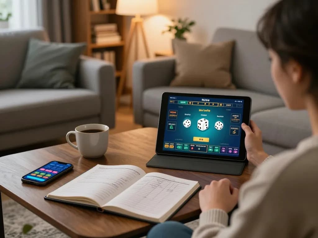 Person engaging in online tài xỉu gaming using a tablet in a cozy home environment.