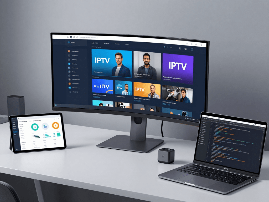 IPTV UK technology integration demonstrated in a developer workspace, showcasing software solutions, analytics, and user-friendly interfaces.