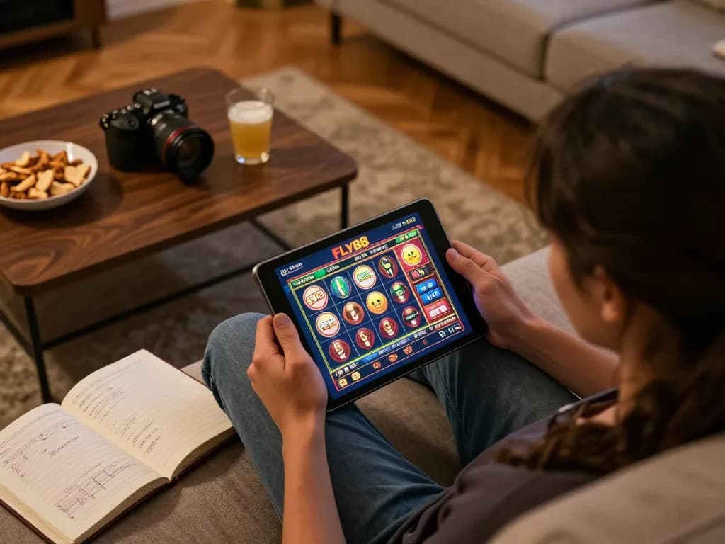 Engaging online gaming session showcasing FLY88 enthusiasm with a player analyzing strategy on a tablet.