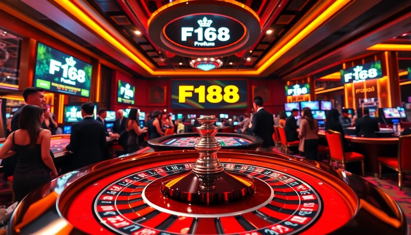 Experience the thrilling ambiance of F168 casino with vibrant roulette tables and eager players.