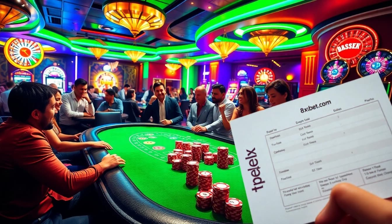 Experience thrilling gameplay at 8xbet.com with vibrant poker and roulette scenes.
