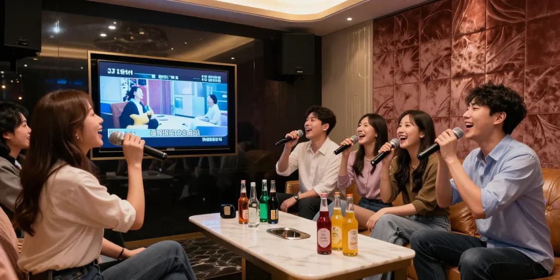 강남가라오케의 프리미엄 룸에서 친구들이 즐겁게 노래 부르며 프리미엄 음료와 함께하는 즐거운 분위기