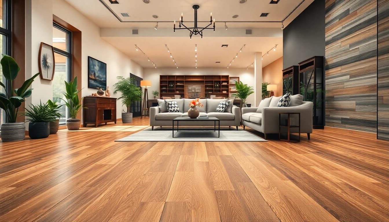 Explore flooring companies near me with luxurious vinyl planks in a professional showroom setting.
