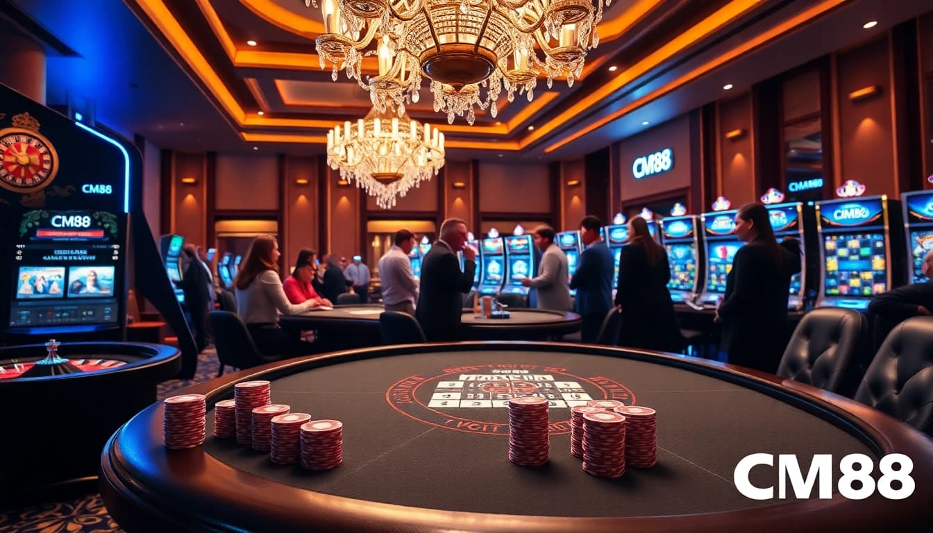 Experience the thrill of gaming at CM88's luxurious casino with poker tables and slot machines.