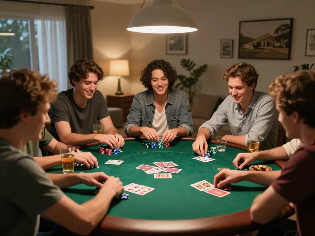 Players enjoying a home poker night with chips and cards, showcasing vipwin excitement and friendly competition.