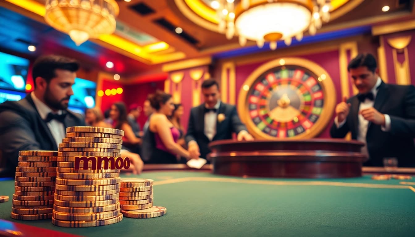 Intensely strategizing at a high-stakes poker table in a luxurious casino atmosphere featuring mmoo.