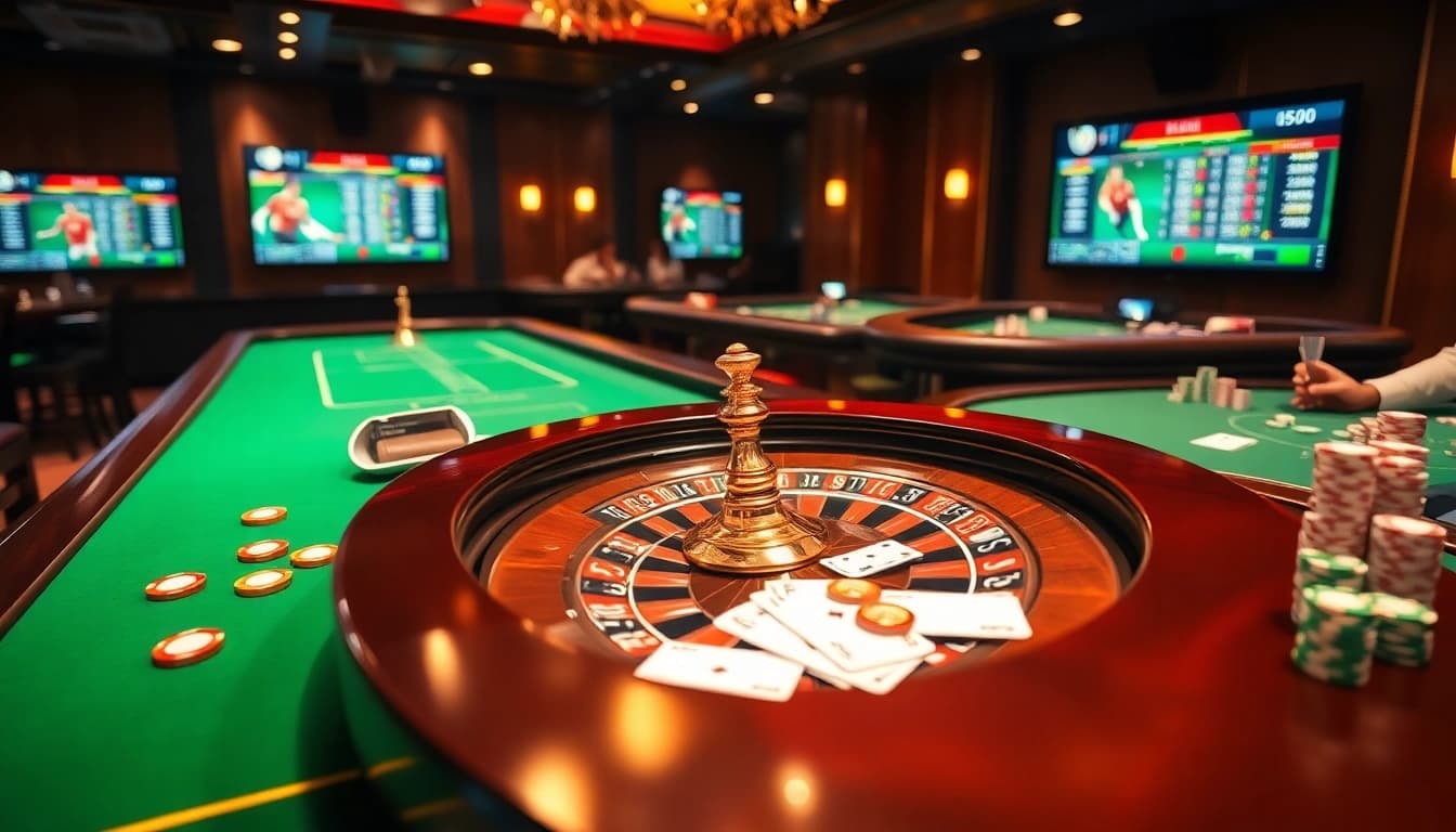 Experience the excitement of Website Kết Quả Bóng Đá with a vibrant casino scene, featuring roulette and poker.