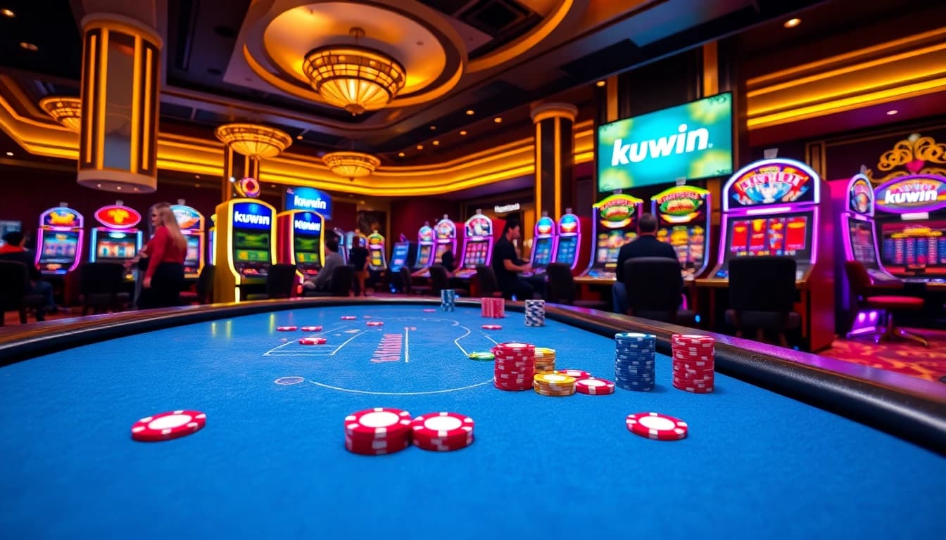 A vibrant casino scene featuring a poker table and slot machines, highlighting kuwin.com as an online gambling destination.